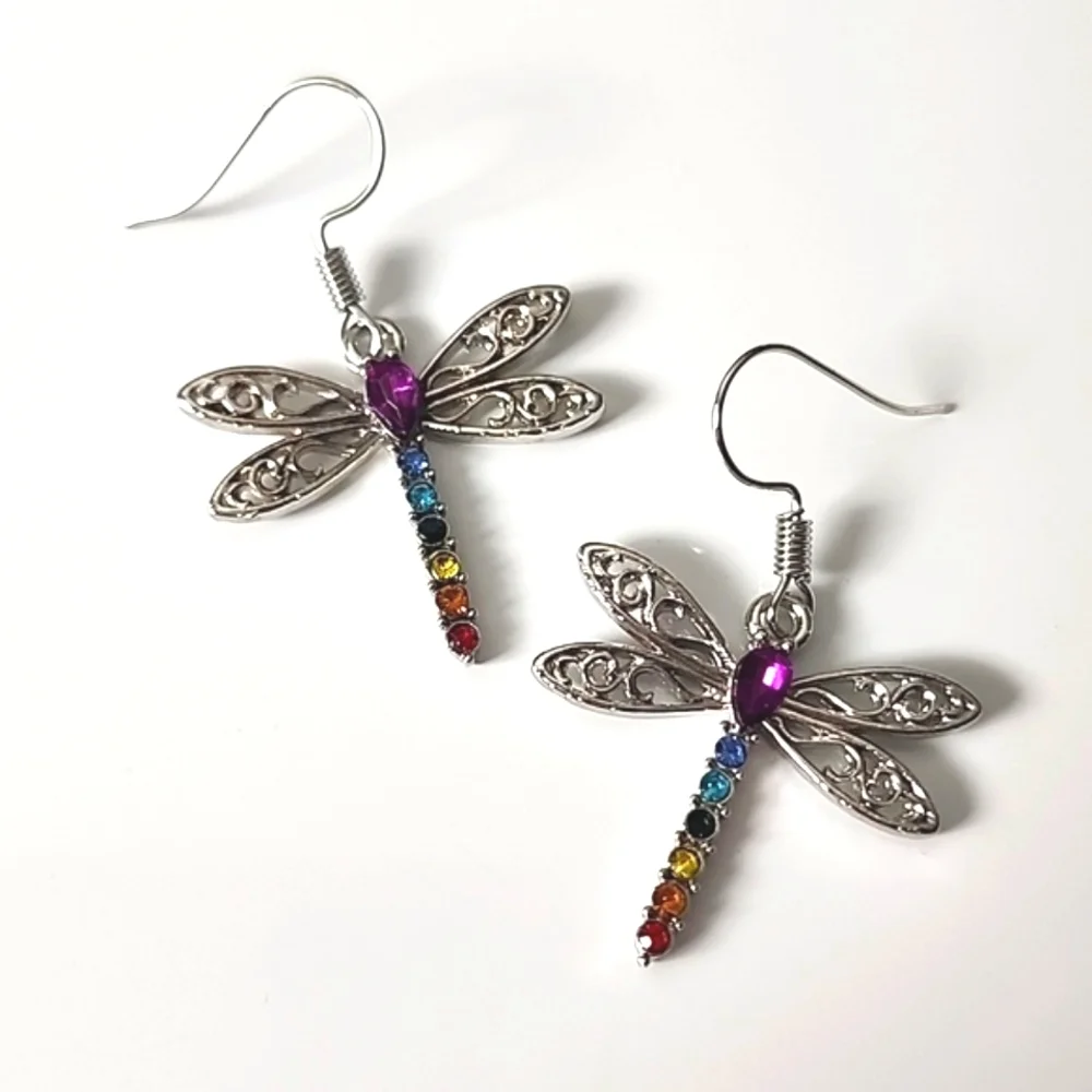 Dragonfly Earrings Multicolor Gems Boho #2 - Picture 1 of 3
